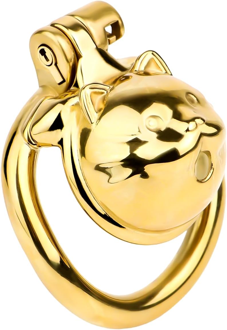 Gold Color Cute Cat Shape Stainless Steel Male Cock Chastity Devices with 1 Cock Ring, Invisible Lock Penis Cage Devices Adult Sex Toy for Men - with 4cm Ring
