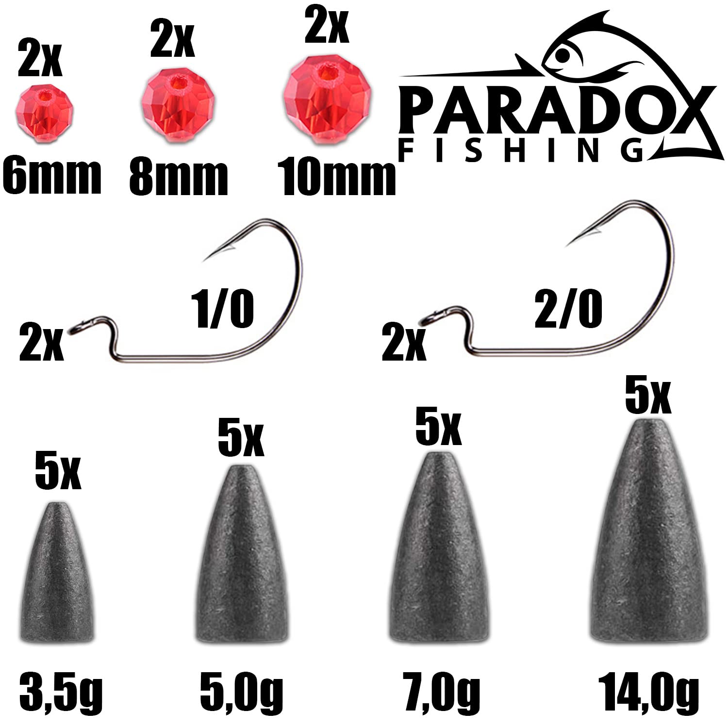 Paradox Fishing Carolina Rig/Texas Rig zestaw 3,5 g - 14 g z hakami offsetowymi i szklanymi koralikami, ołów do wędkowania, akcesoria wędkarskie Cheburaska Dropshot, ołów podstawowy, wędkarstwo