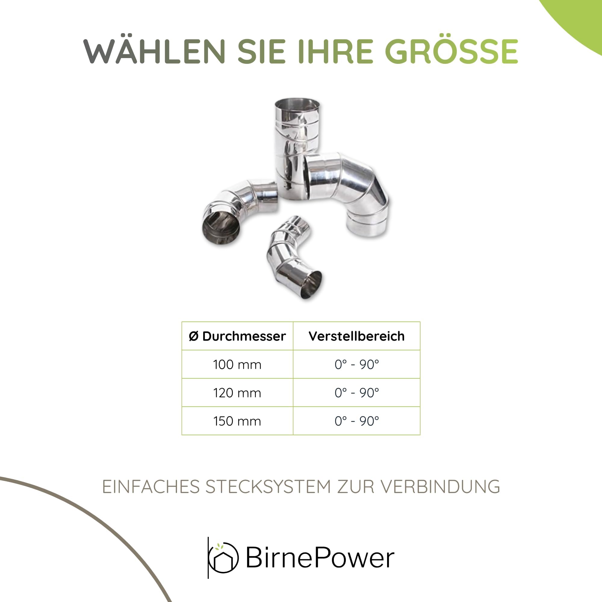 BirnePower Coude Réglable 0-90° 120 mm en Acier Inoxydable, Accessoire pour Tuyau de Poêle, Conduit Cheminée et Évacuation des Fumées