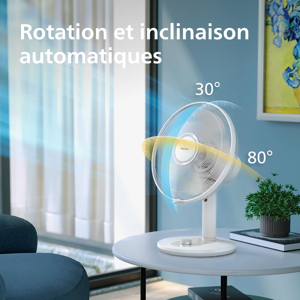 PHILIPS Série 1000 Ventilateur de Table – Flux d’air puissant et silencieux 35 dB – 3 vitesses réglables – Rotation et inclinaison ajustables – Design compact blanc (CX1030/00)