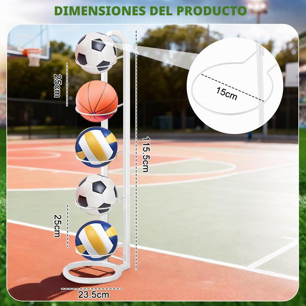 Soporte Balón Fútbol 5 Niveles, Estante Metálico Vertical para Baloncesto, Estantería Almacenaje Pelotas