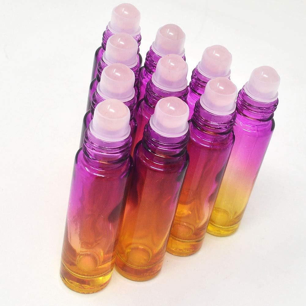 fengshuisale 10pcs Gradient 10ml Empty Refillable Bottles with Crystal Semiprecious Stones Essential Oil Gemstone Roller Ball Bottles with Free Bag W3902 (Rose Quartz)