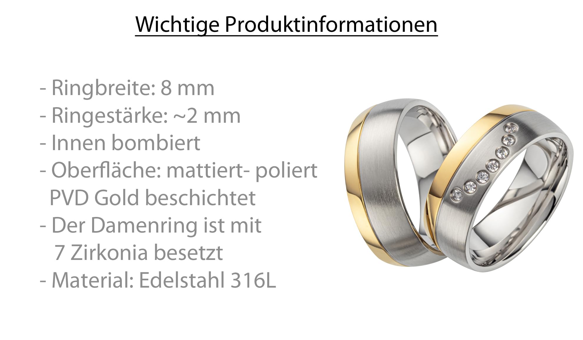 Generisch Paar Partnerringe & Eheringe aus Edelstahl 316L – 8 mm Trauringe matt-poliert mit PVD Gold & 7 Zirkonia, Hochzeitsringe Größe 48-74 mit Gravur und Etui | 2040