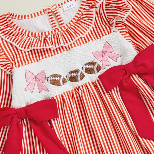 Toddler Girl Football Outfit Football Bow Embroidery Plaid Print Ruffle Collar Long Sleeve Smocked Dress Kids Fall Clothes4