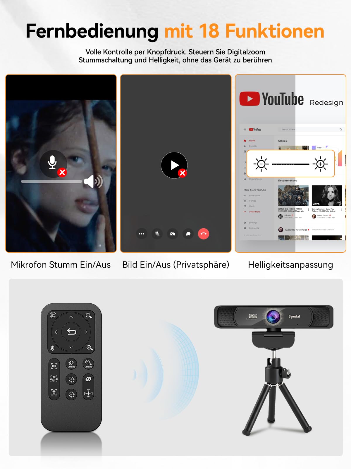 Spedal 4K Webcam mit Stativ und Mikrofon, 120 Grad Weitwinkel PC Kamera mit Fernbedienung und Zoom, Autofokus UHD USB-C Streaming Kamera für Laptop & Mac, Videokonferenz, Videoanrufe, Teams, Zoom