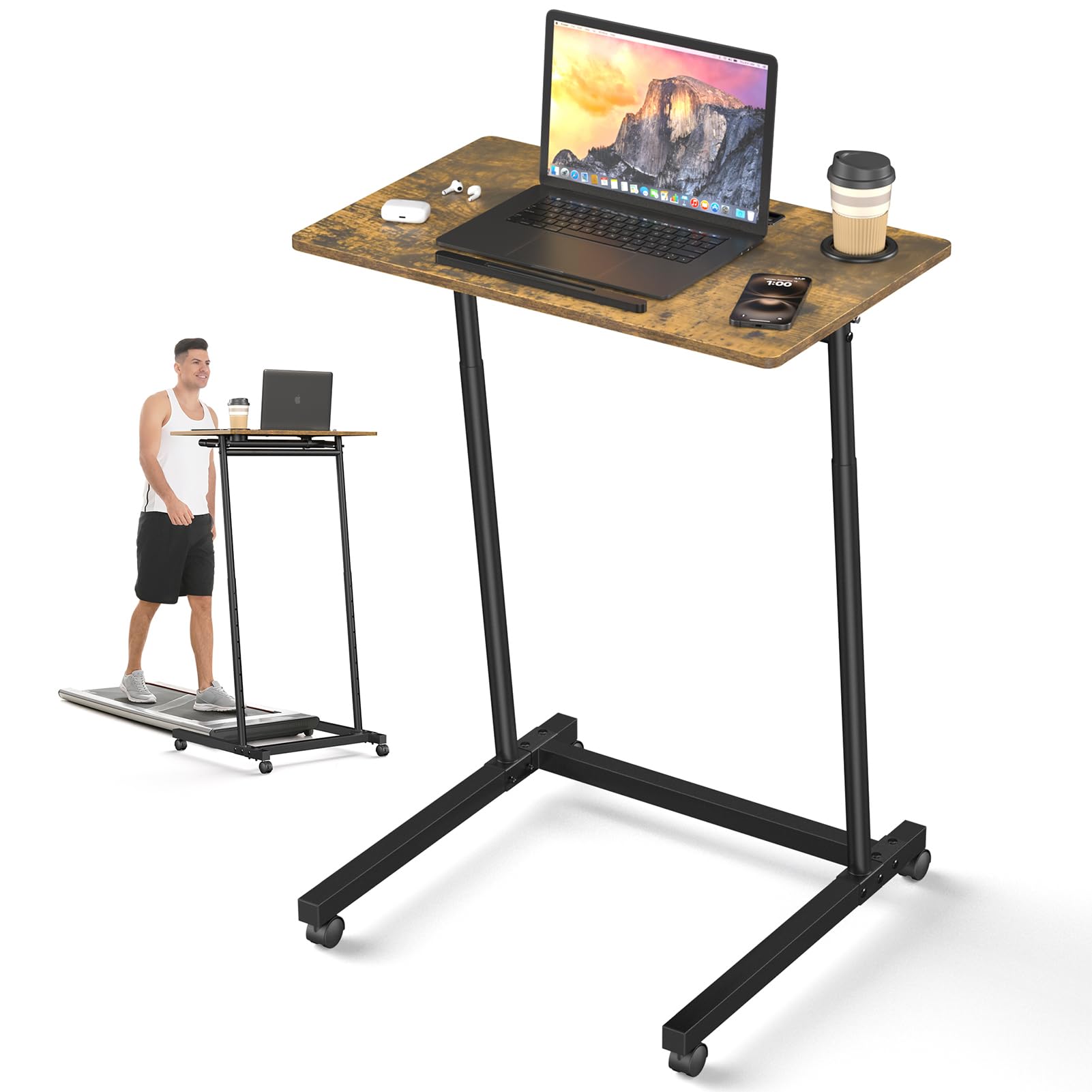 Treadmill Desk, Walking Pad Desk, Standing Desk for Walking Pad, Small Standing Desk with Wheels, Portable Desk for Laptop, Rolling Desk Adjustable Height, Mobile Standing Desk, Bedside Table
