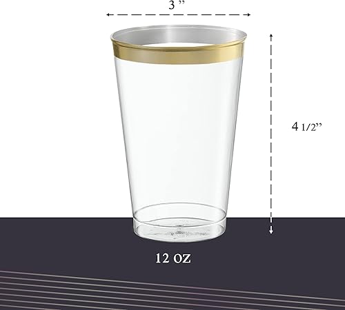 Miniatura 9 de PLASTICPRO Vasos desechables de plástico transparente de 12 onzas con borde de oro rosa para fiestas y bodas, paquete de 50