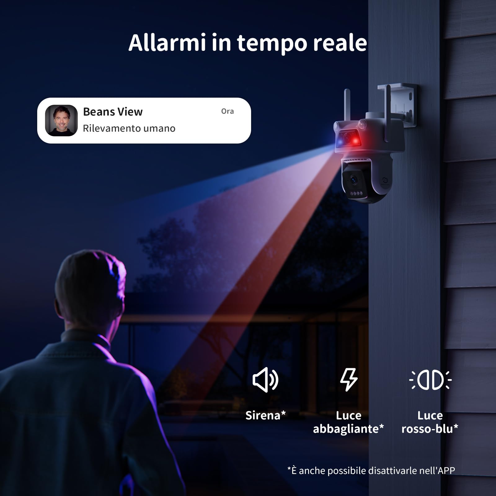 Beans View 2K+2K (3MP+3MP) Telecamera di Sorveglianza Esterno a Doppio Obiettivo, Wi-Fi 2,4 GHz, Sicurezza a 360°, Tracciamento Auto, Rilevamento di Persone, Visione Notturna a Colori (D320)