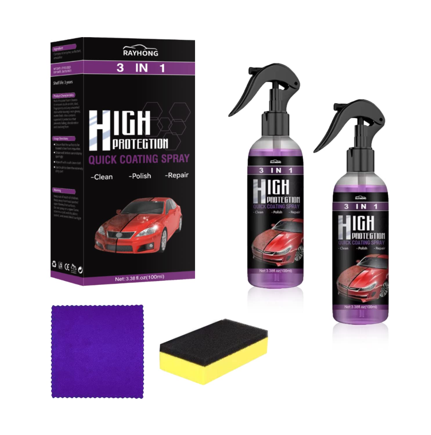 3 in 1 High Protection Express Car Ceramic Spray, Plastic Parts Refinisher, Micro Scratch Repair, Prevent Dirt, High Protection Nano Spray (2pcs 100ml + Brush Cloth)