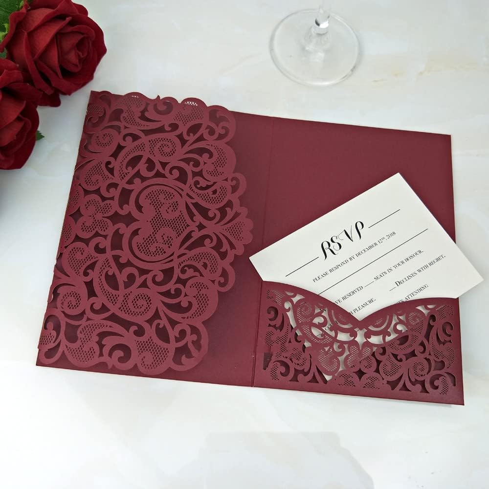 50 Sets Tri fold Love Hollow Laser cut Wedding Invite Invitation Card with Inserts & envelopes for Party Birthday Quinceañera Invite 4.92 by 7.28 inches (Burgundy, Whole set)