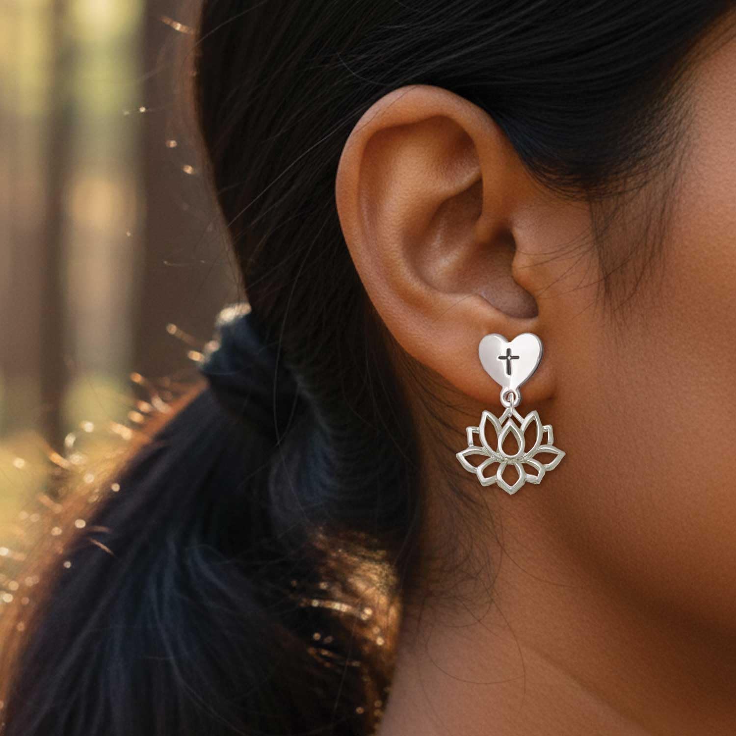 Delight Jewelry Plated Lotus Outline Plated Cross in Heart Post Dangle Earrings