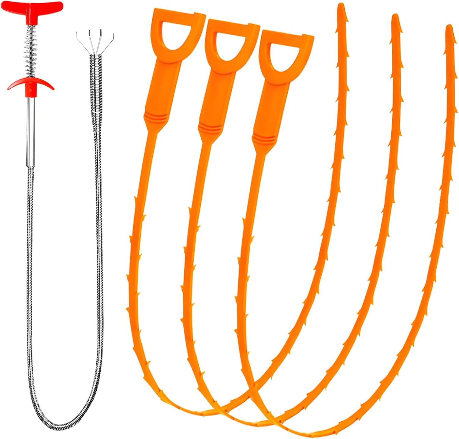 Snake Drain Hair Drain Clog Remover Cleaning Tool Pipe Snake Shower Drain with 25 Inch 3 Packs Plastic Sink Snake & 1 Pack Drain Relief Tool for Kitchen Sink Bath Tub Bathroom(3+1)