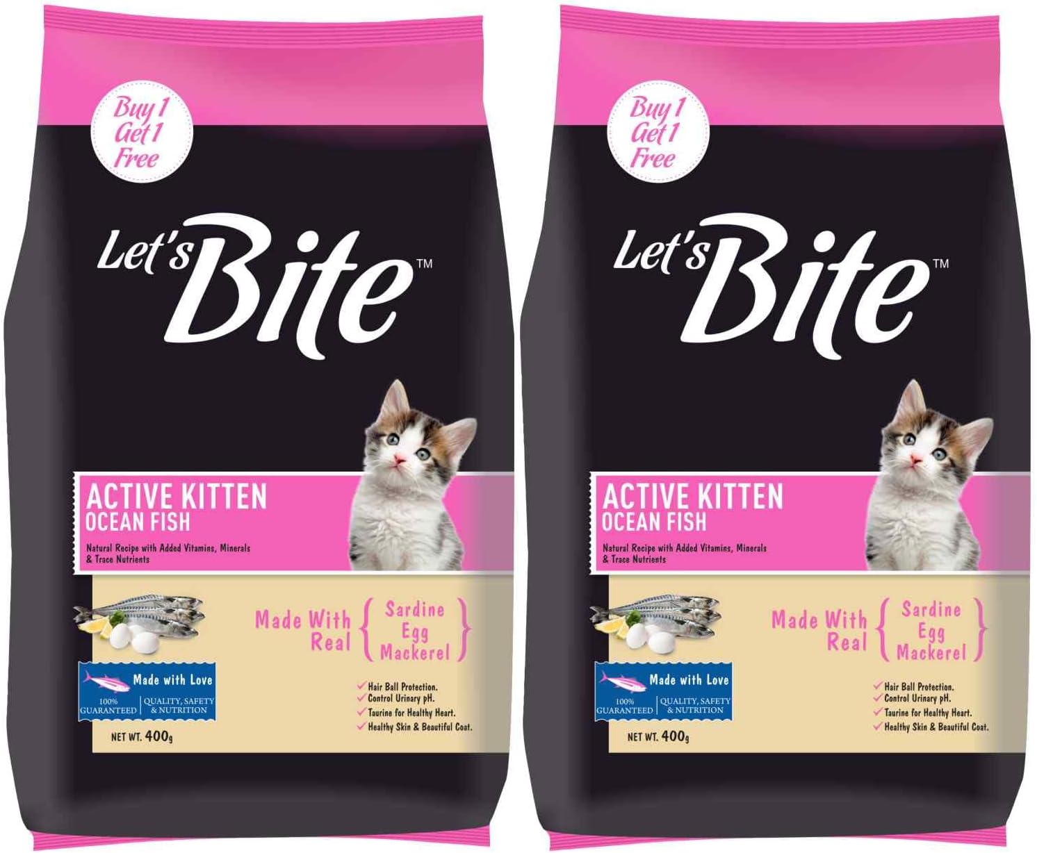 Let's Bite Active Kitten Dry Cat Food, 400 gm (Buy 1 Get 1 Free), Total 800 g Pack
