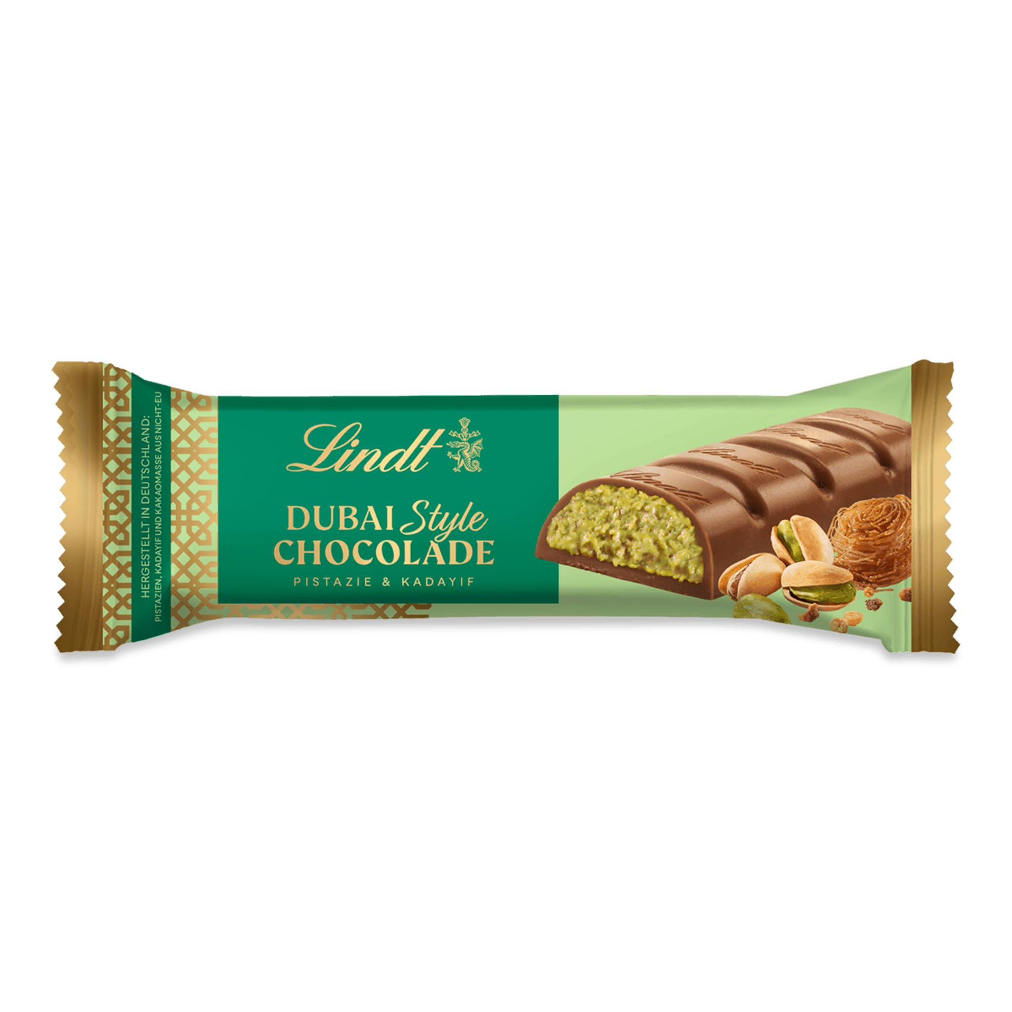 Lindt Schokolade | Dubai Style Riegel | 40g | feinste Vollmilch-Schokolade mit einzigartiger Füllung aus Pistazien-Creme und knusprigem Kadayif | Schokoladen-Riegel