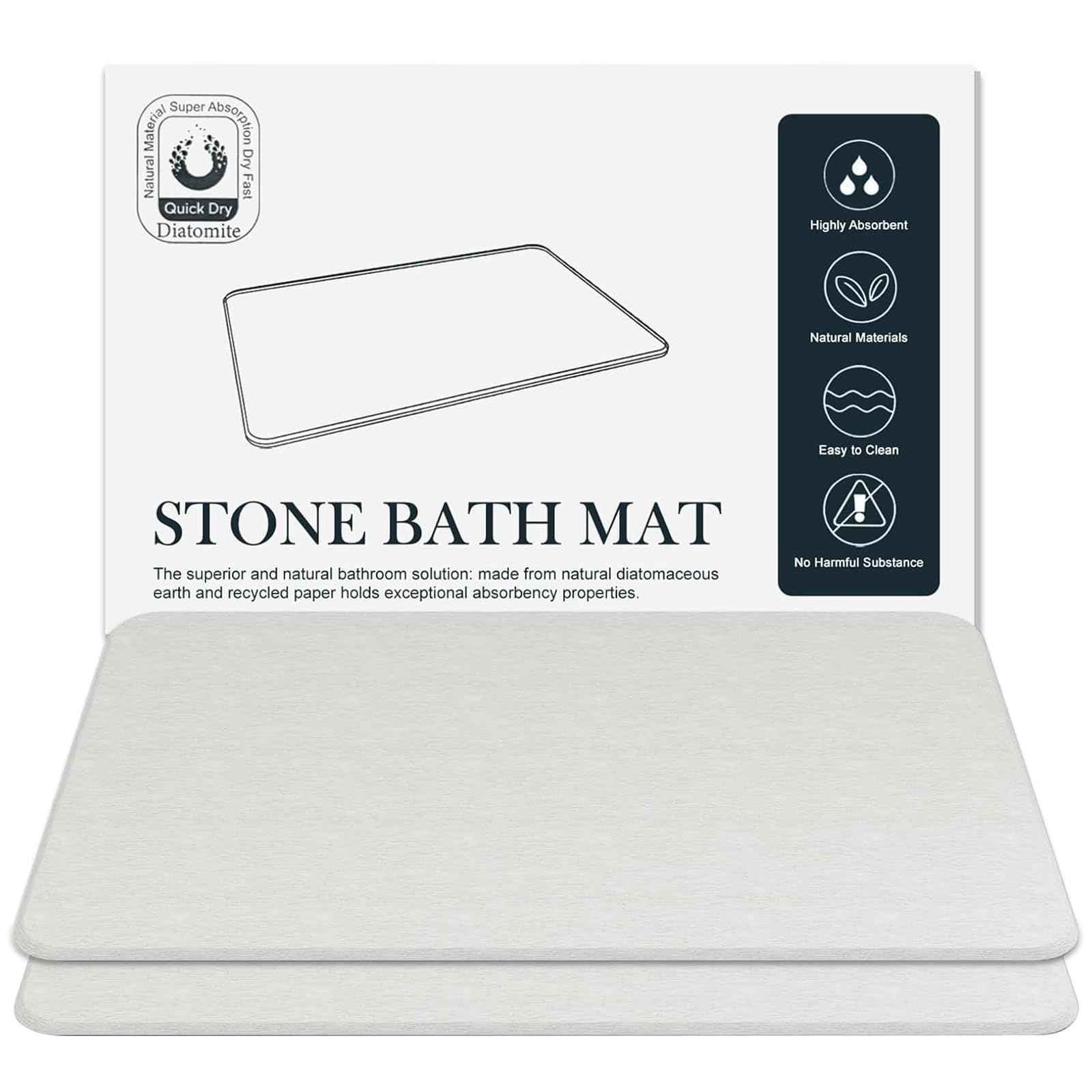 DAWNTREES Stone Bath Mat, Diatomaceous Earth Shower Mat, Ultra Absorbent, Fast Drying, Non-Slip Bathroom Floor Mat for Kitchen & Bath - 60x39 cm (White - 2 Pack) — image 1