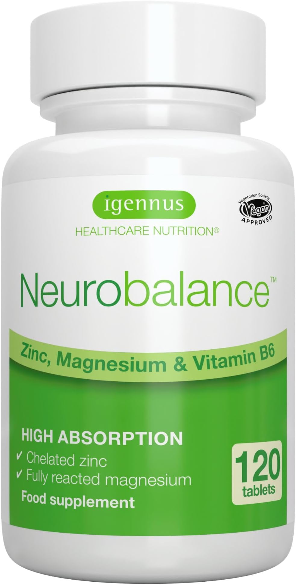 Igennus Neurobalance High Strength Zinc Magnesium & B6 Complex for Cognitive Support, Calm Focus & Relaxation, 120 Small Tablets, Chelated Zinc & Gentle Higly Absorbable Fully Reacted Magnesium