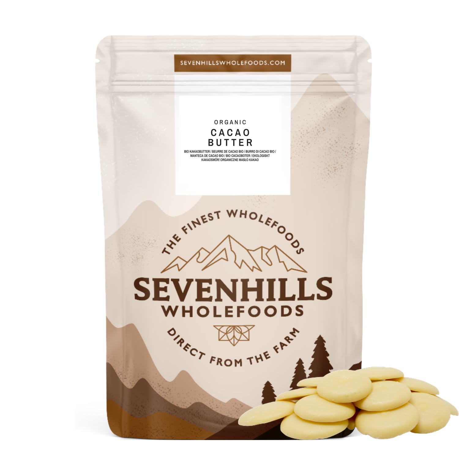 Sevenhills WholefoodsOrganic Cacao Butter, Rounds 500g, for Culinary and Beauty UsesSoil AssociationEU OrganicSoil AssociationSoil Association
