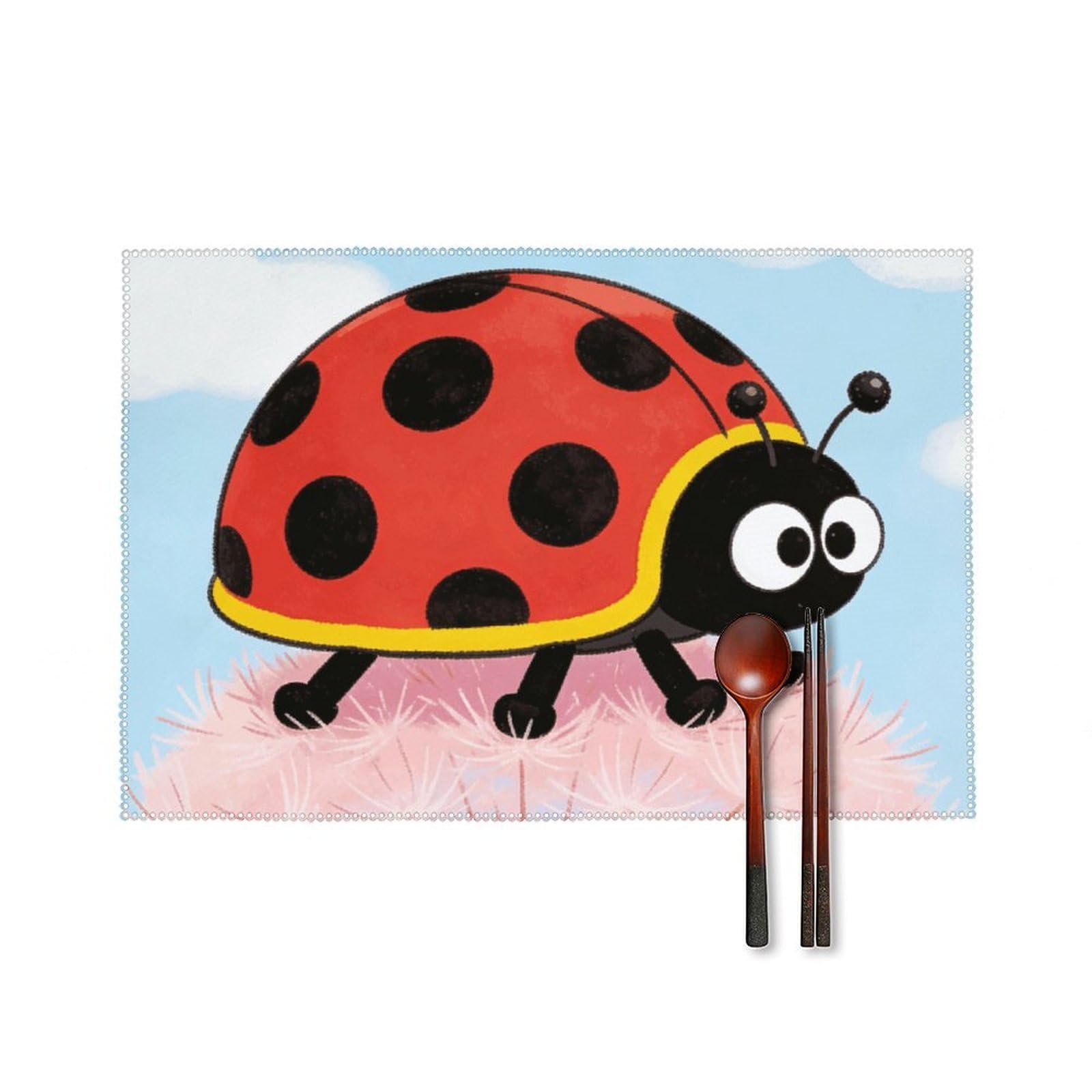 Ladybug Placemats Set of 6, 12x18 Inch Heat Resistant Washable Canvas Table Mats, Stain Resistant Decorative Dining Placemats for Kitchen, Restaurant, Outdoor Party