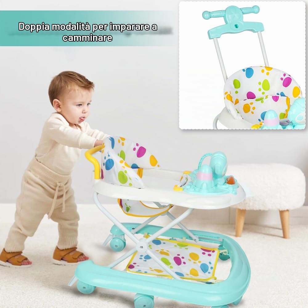Ausilio Didattico per Neonati - Babywalker- vassoio per pasti e vassoio per attività musicali rimovibili, 6 mesi e più, anti-ribaltamento con ruote silenziose a 360°,62 * 68 * 36-81 cm - Verde