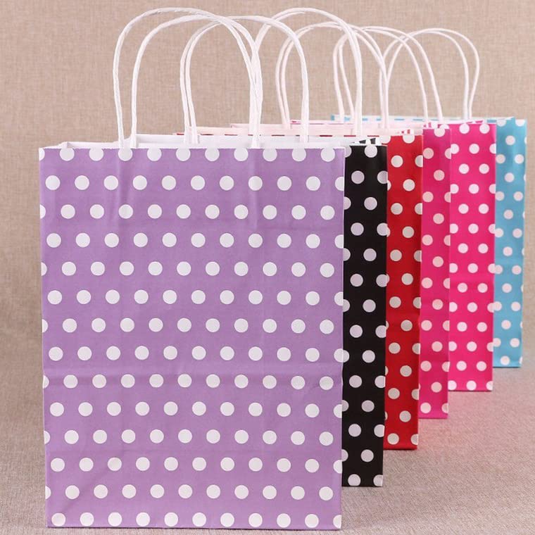 Image of RanGit Bhumi 24 pcs Color Paper Bags with Polka Dots - Party Favor Goodie Candy Gift Kraft Paper Bags with Handles for birthday, wedding, engagement party and other festivals (9 inchx4 inchx11.3 inch, Pink)