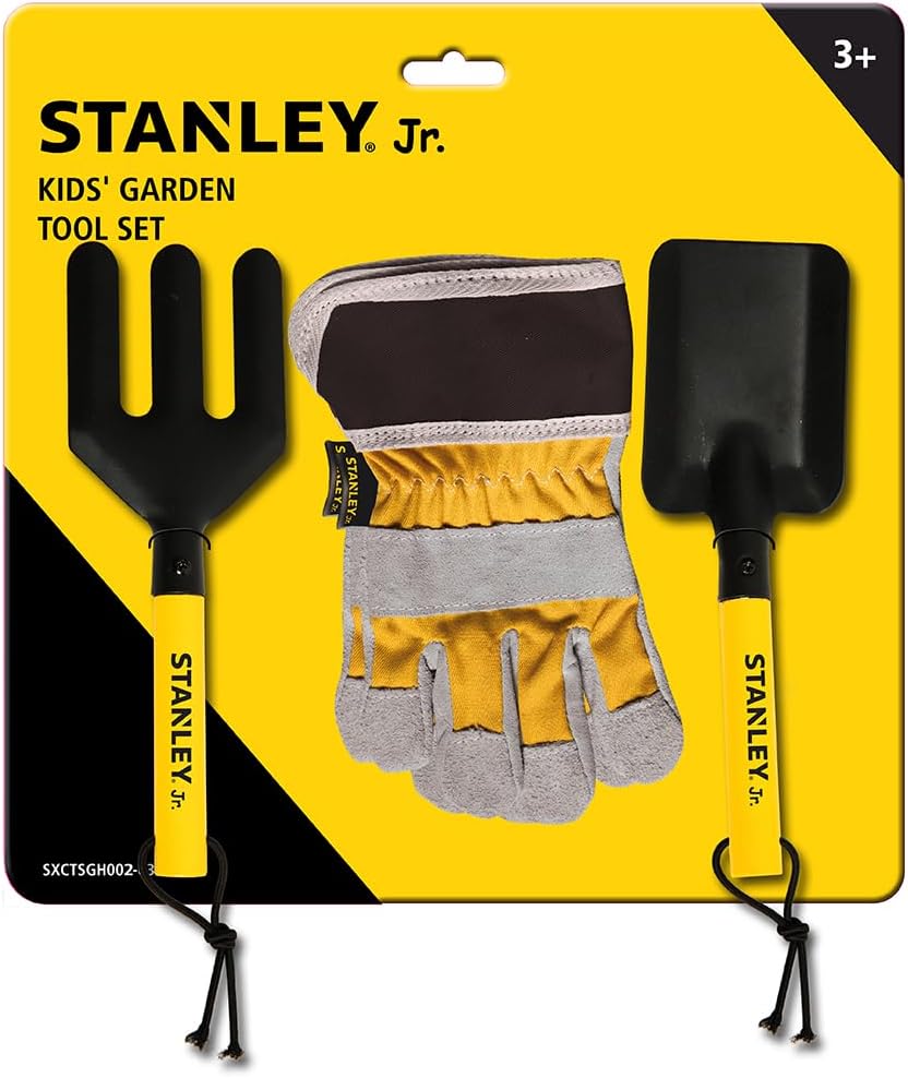 Stanley JR Garden Hand Tool 3 Piece Set | Hand Spade | Hand Fork | Work Gloves
