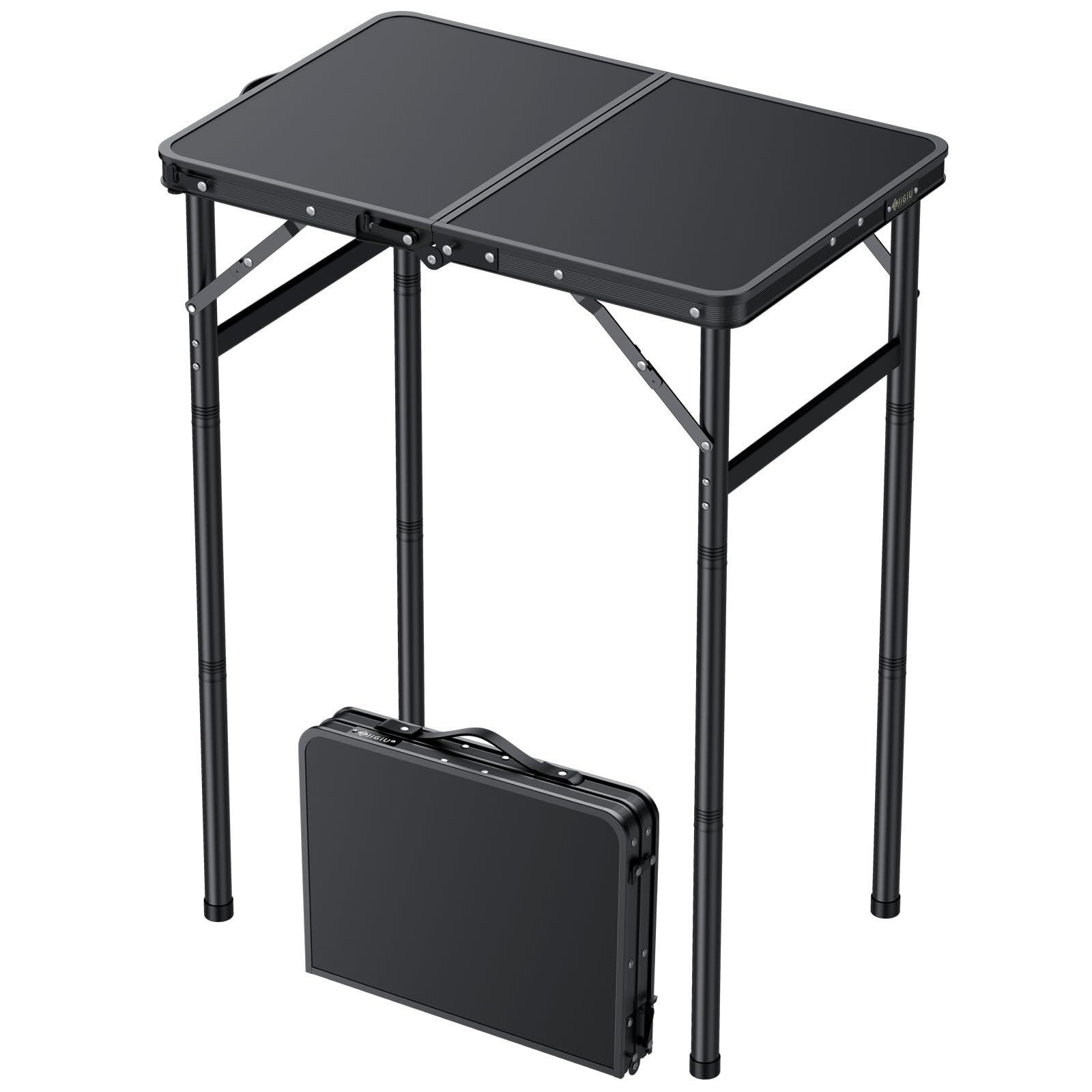 JiGiU Table de Camping Pliante 60x40cm avec 3 Hauteurs Réglables, Noir | Table de Pique-Nique Supportant 30kg, Portable et Légère, en Aluminium et MDF pour Extérieur et Intérieur, Jardin, Plage