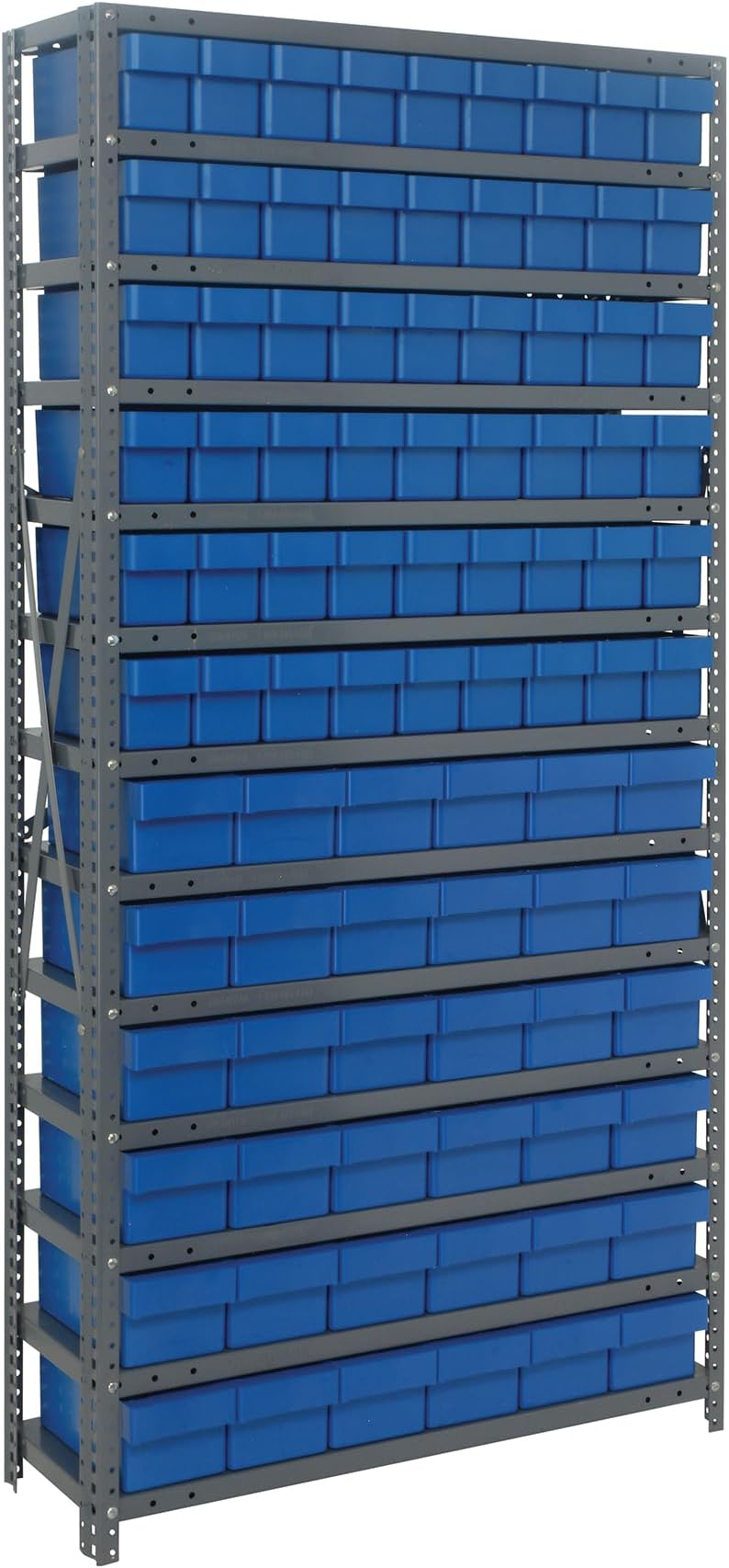 Quantum 1875-624BL Heavy Duty Shelving Unit with (13) Shelves (54) QED604 and (36) QED602 Blue Bins for Industrial Warehouse Storage | 400 lbs Capacity | 18"D x 36"L x 75"H, Galvanized Carbon Steel