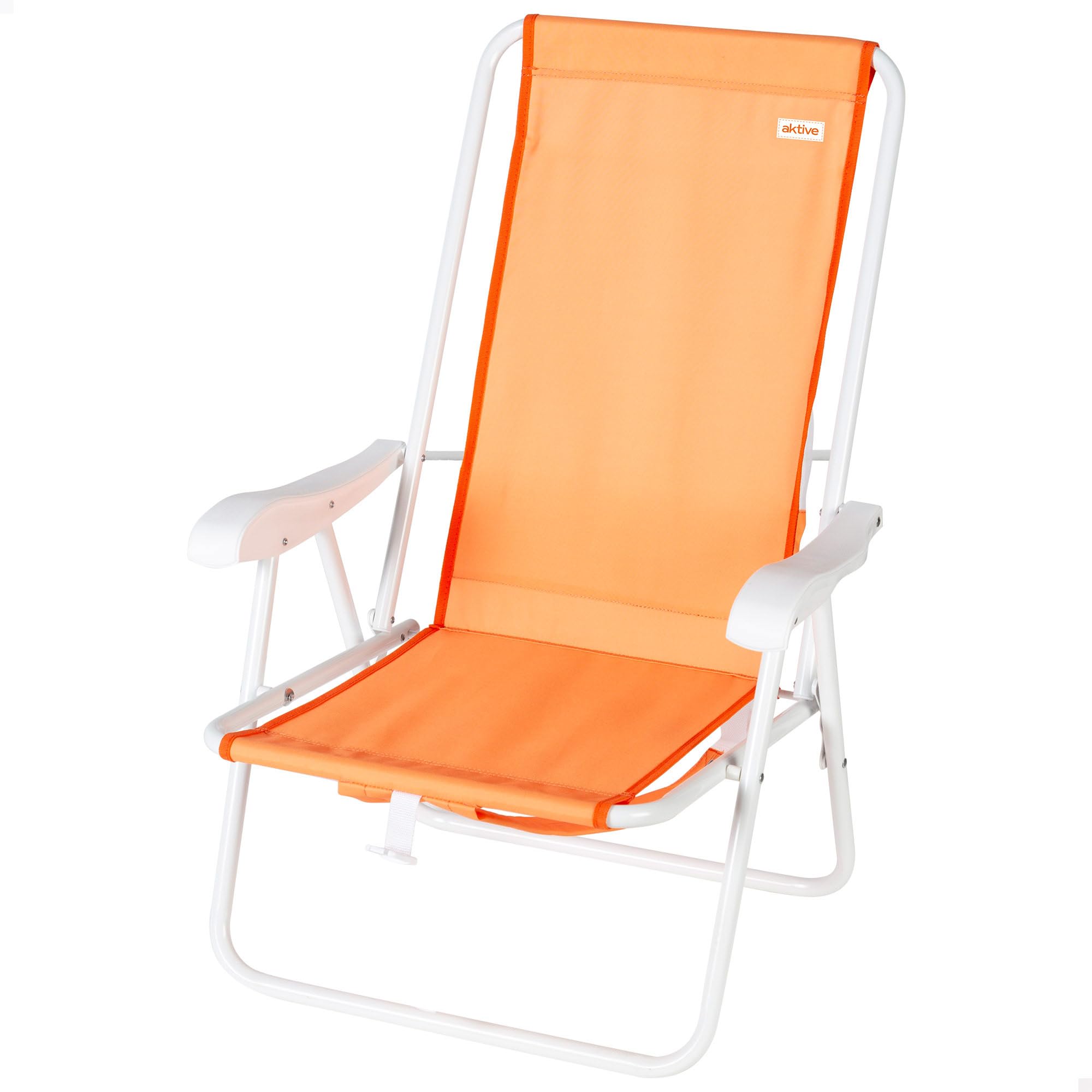 Chaise de plage pliante AKTIVE orange avec dossier sac à dos confortable et poche en filet pratique.