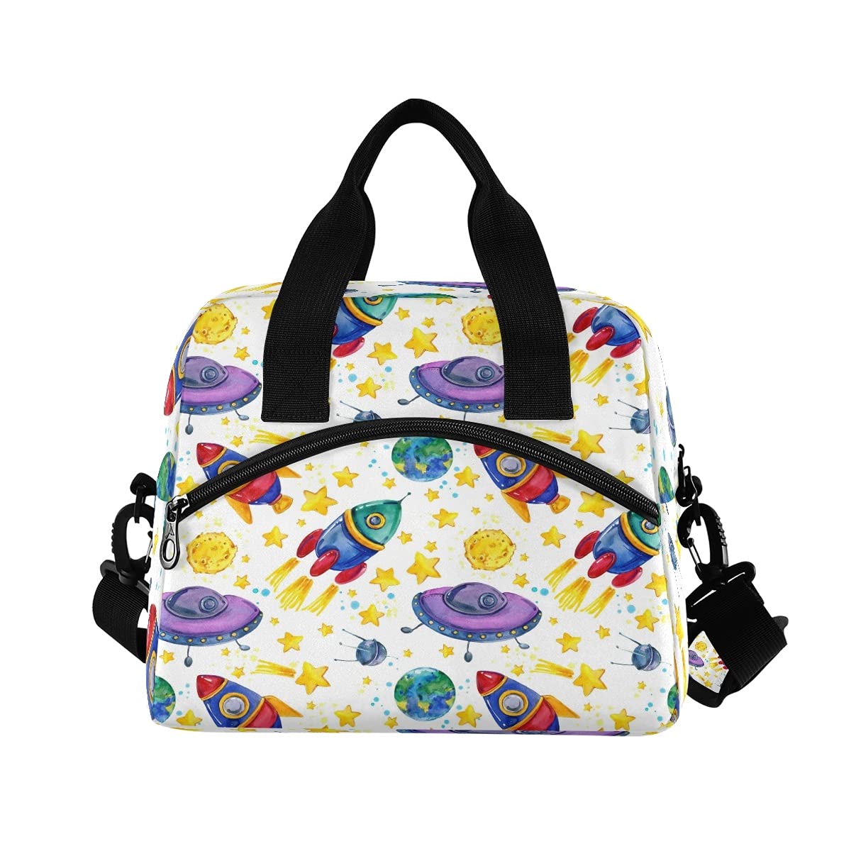 Borsa termica per il pranzo da donna con tasca frontale, riutilizzabile, per uomini, adulti, ragazze, lavoro, escursionismo, picnic, spazio cartoni animati, luna, pianeta terra, stella