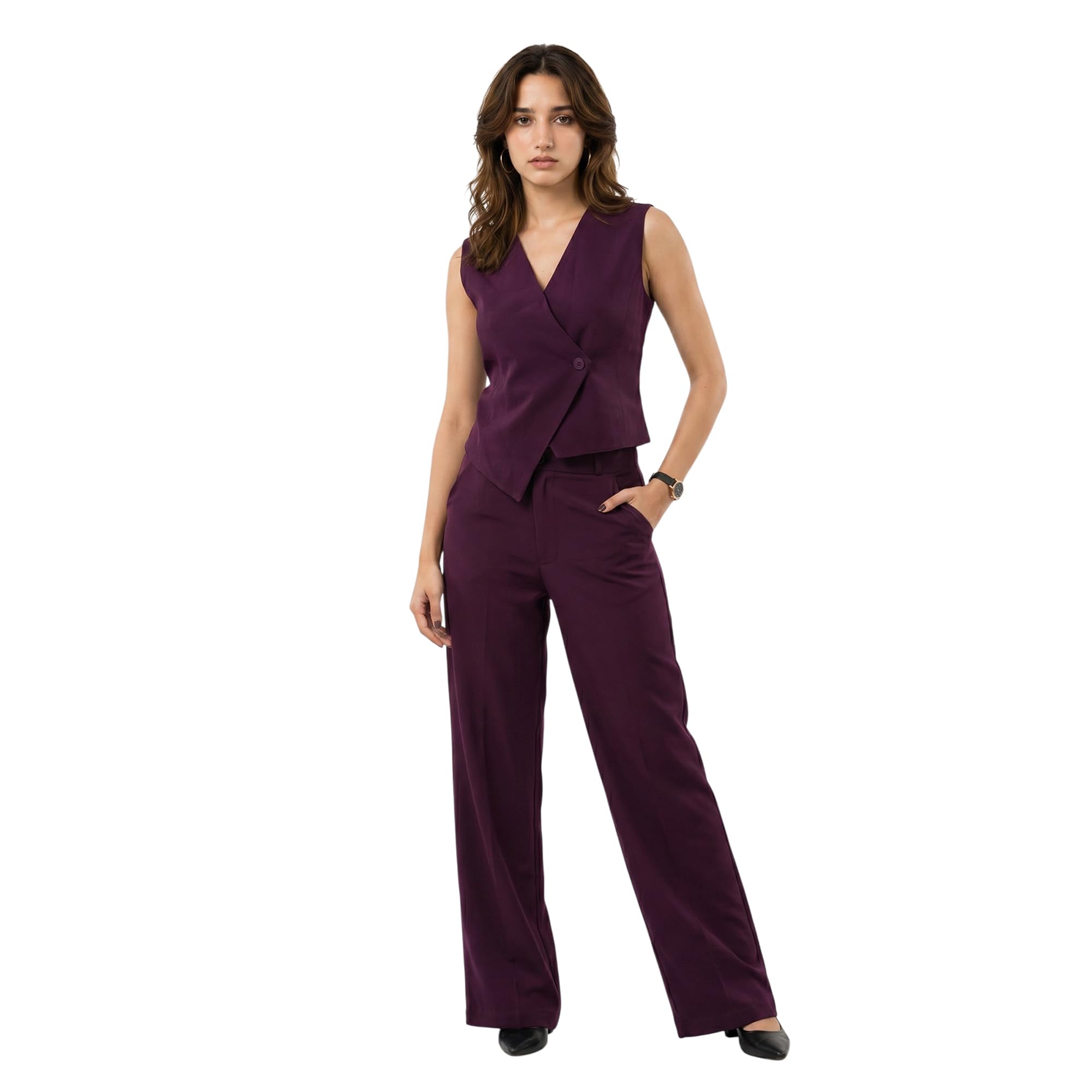 Women Wine Slanting Edge Waistcoat with Trousers Set | Stylish Formal Office Wear Co-Ord for Women-image-42