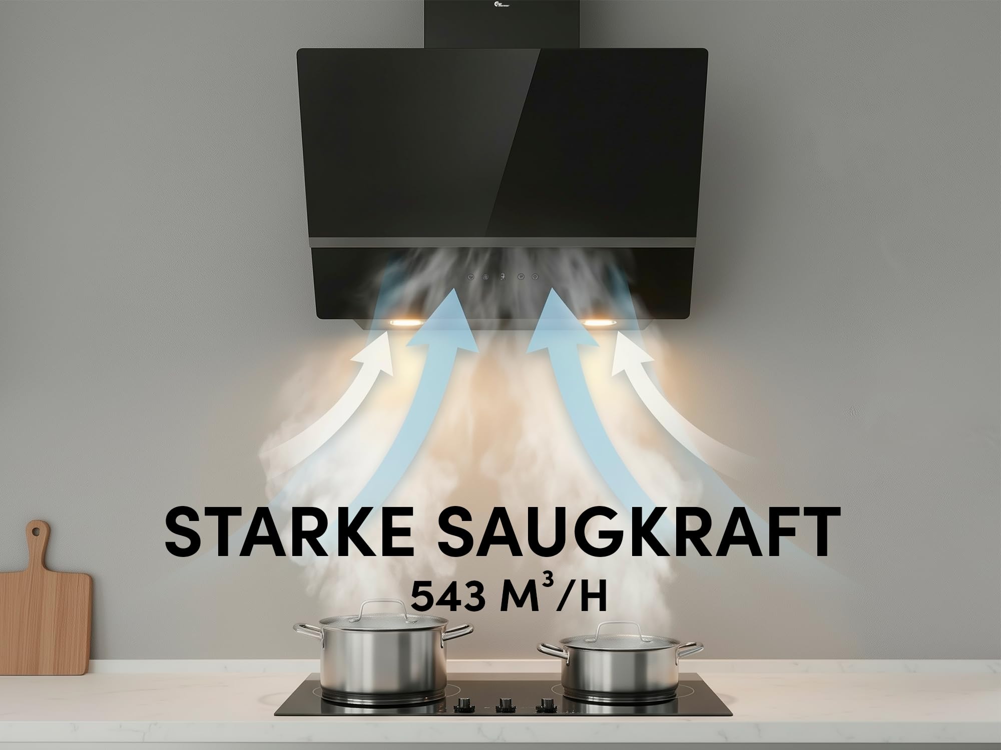 Thermex Glasgow 60 - Dunstabzugshaube 60 cm, Kopffrei, Schwarz | Schräghaube, Glas-Touch, 3 Stufen, 180-543 m³/h, 43-64 dB, 2 LED-Lampen, Alufilter, Ø150 Abluft/Umluft