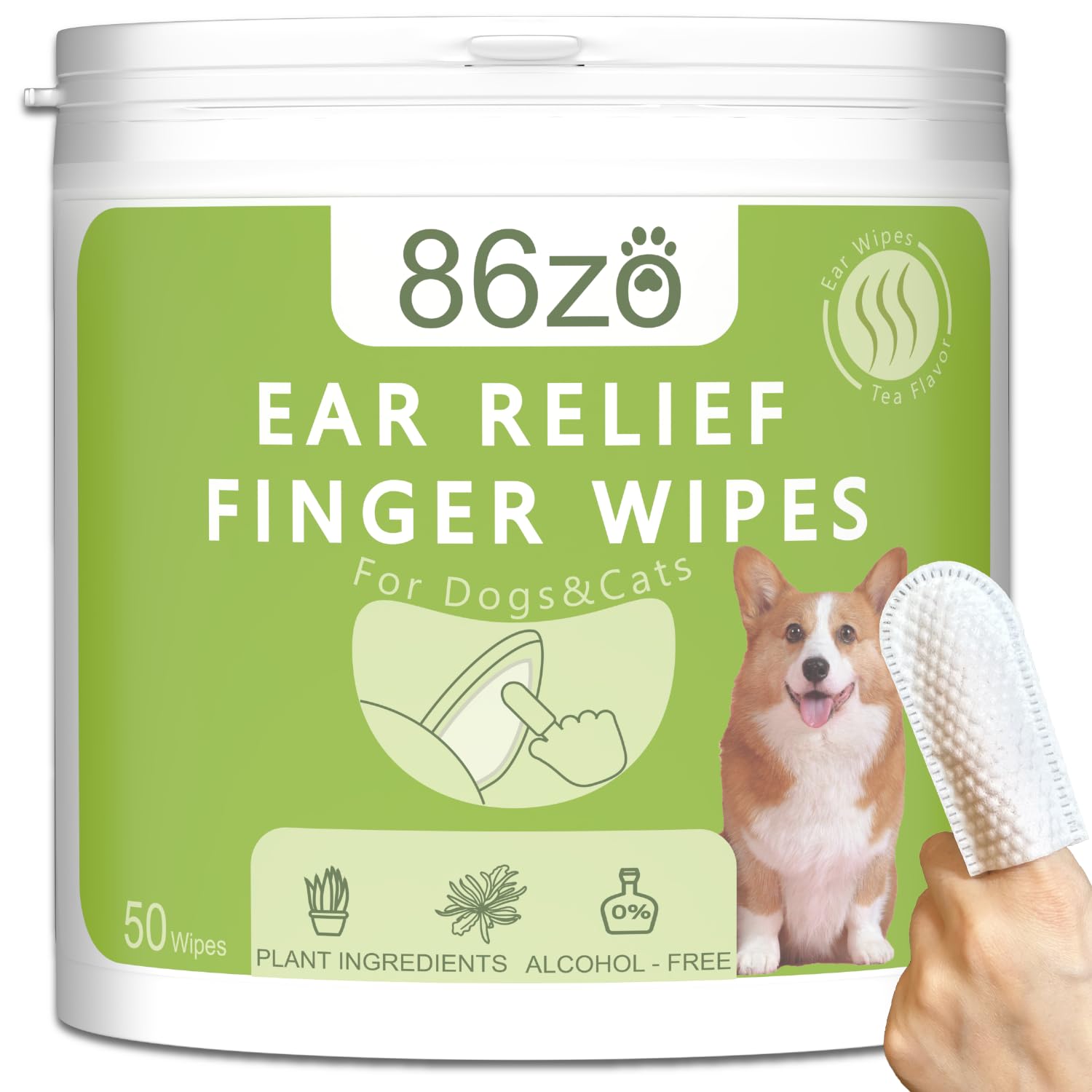 Dog Ear Finger Wipes for Dogs & Cats, Thicker Dog Ear Cat Ear Cleaner Wipes, Dog Ear Infection Relief to Relieve Ear Itching, Remove Ear Wax, Dirt, Smelly - Fresh Green Tea Scent