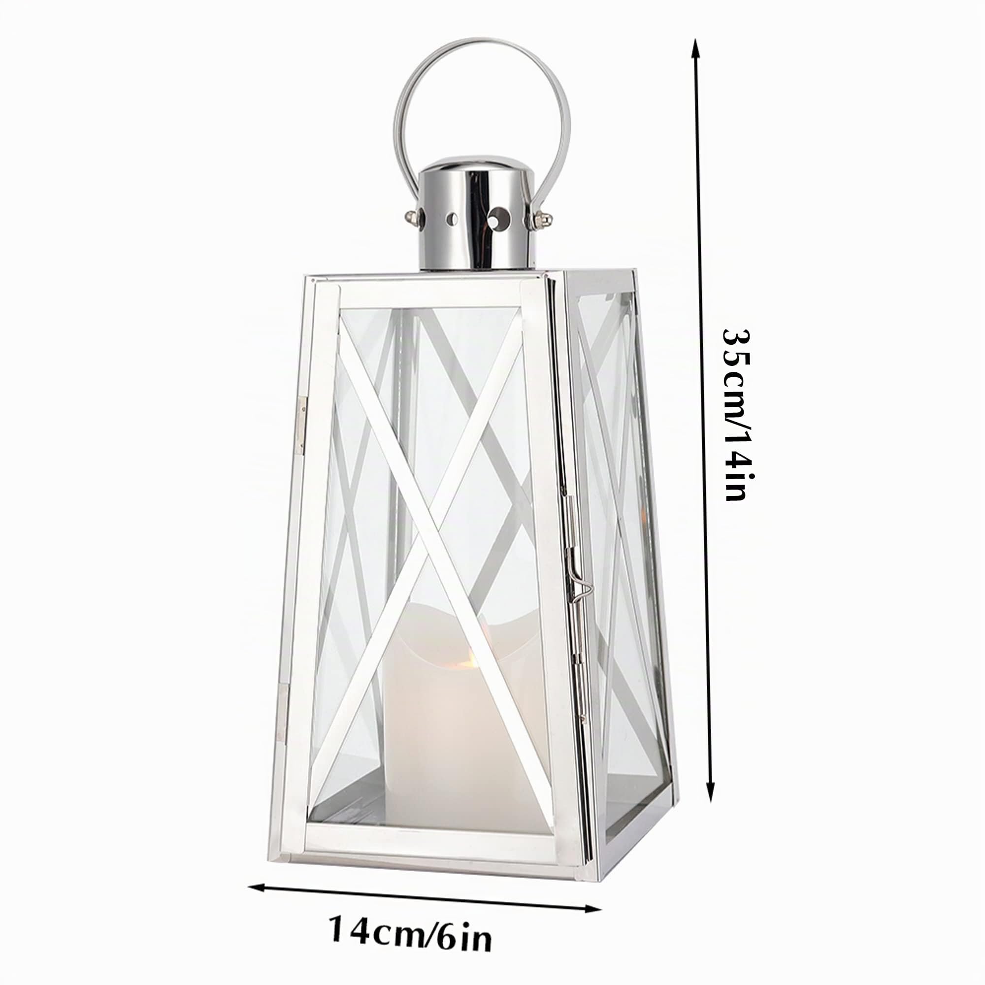 TRIROCKS Lanterna Decorativa in Acciaio Inossidabile 30 cm Alta, Portacandela in Metallo con Pannelli di Vetro Trasparente, Perfetta per Decorazioni Casa, Soggiorno, Eventi (Argento)