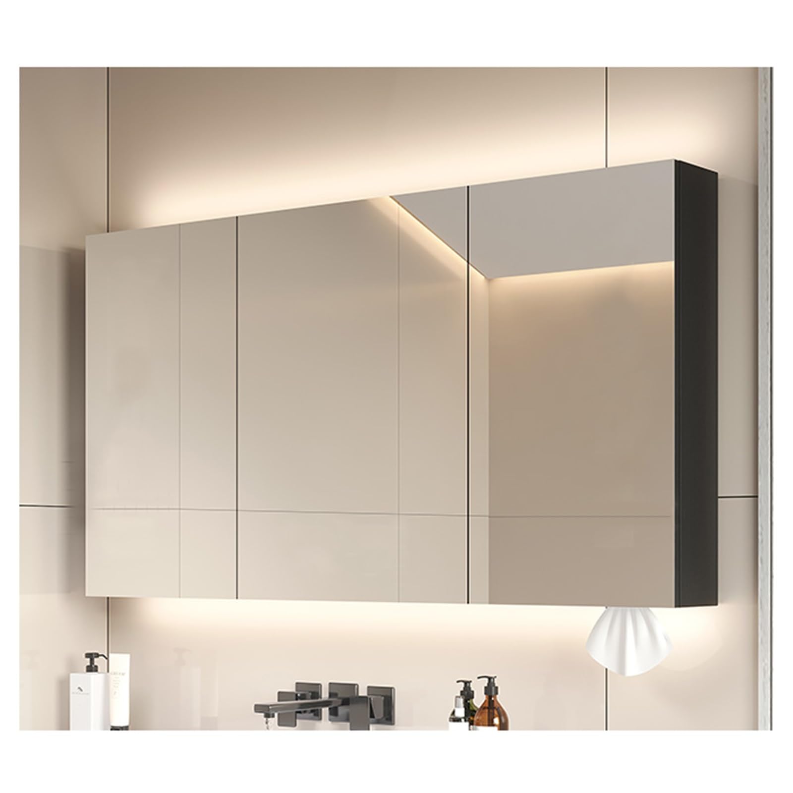 Specchio Espejo de baño con LED y espacio de almacenamiento, espejo de tocador de pared de 2 puertas, empotrado y de superficie, con regulador de intensidad y desempañador, interruptor táctil, di