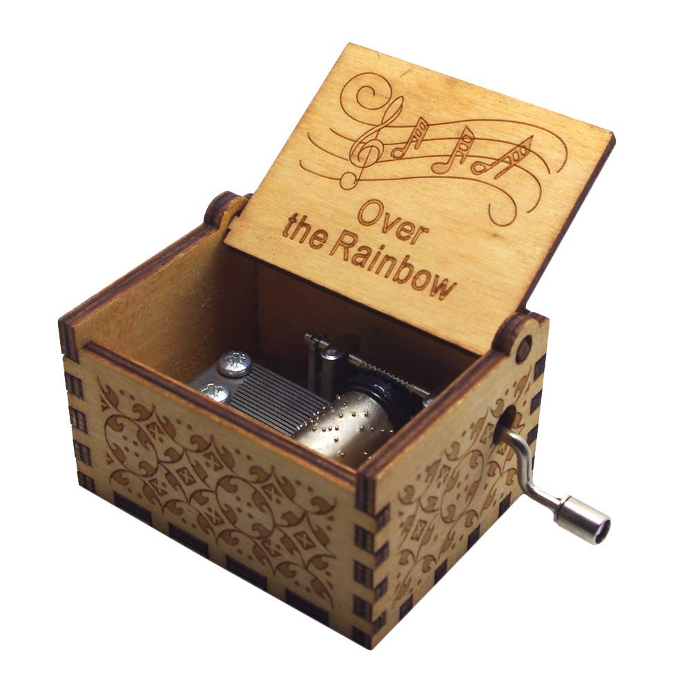 PursuestarOver The Rainbow Wood Music Box, Hand Crank Engraved Vintage Wooden Musical Box Gift for Birthday Valentine Wedding Christmas New Year