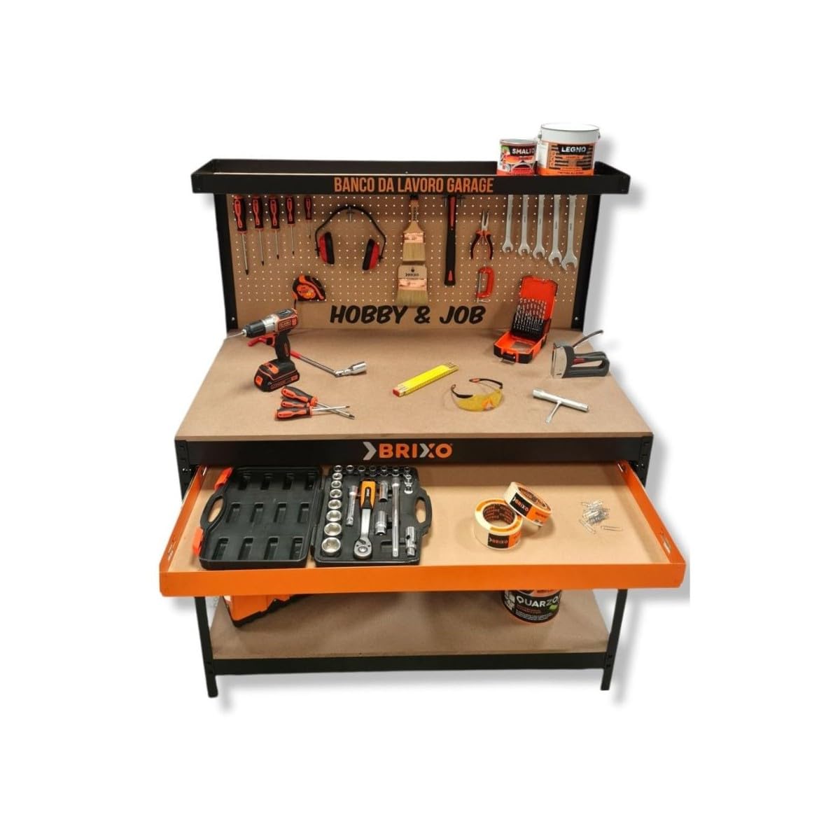 Brixo - Banco da lavoro in legno, con cassetto forato, 120 x 60 x 150 cm