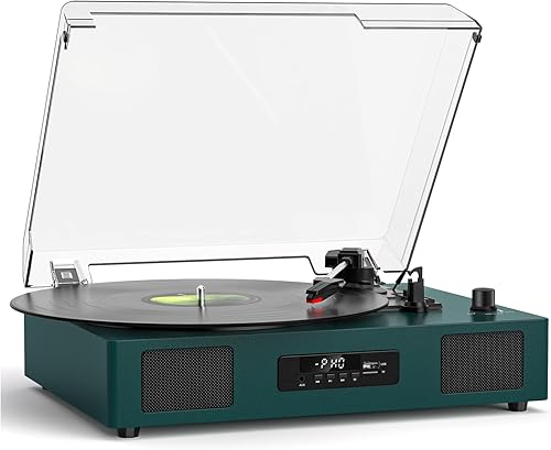 Reproductor de discos de vinilo con altavoces estéreo integrados y grabación USB, tocadiscos Bluetooth portátil vintage con correa compatible con 3