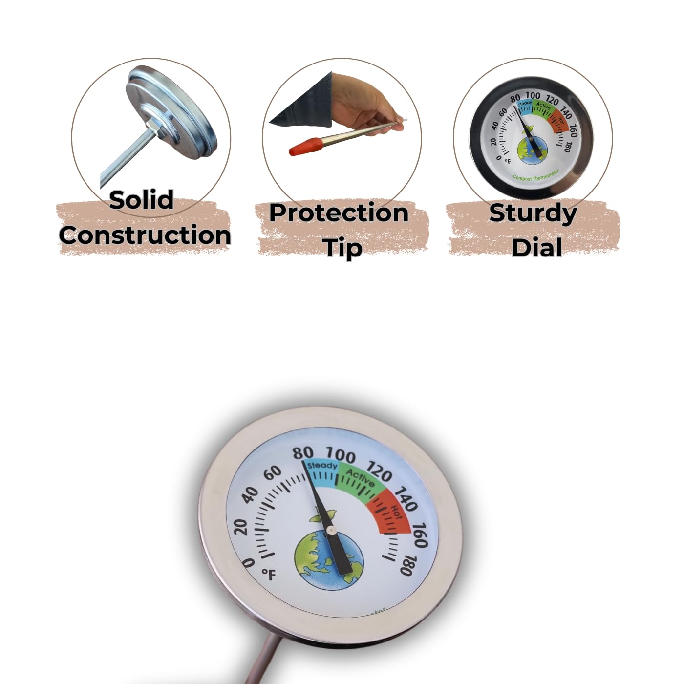 20 Inch Compost Soil Thermometer 0-180° Fahrenheit Backyard Stainless Steel Stem for Composting Bins Outdoor Gardening Planting Easy-to-Read 2.1” Dial Display
