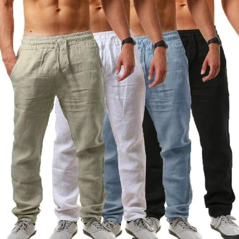 Vanvene, Pantaloni da uomo in lino dalla vestibilità comoda, casual, leggeri, con elastico in vita e coulisse, adatti per yoga e spiaggia