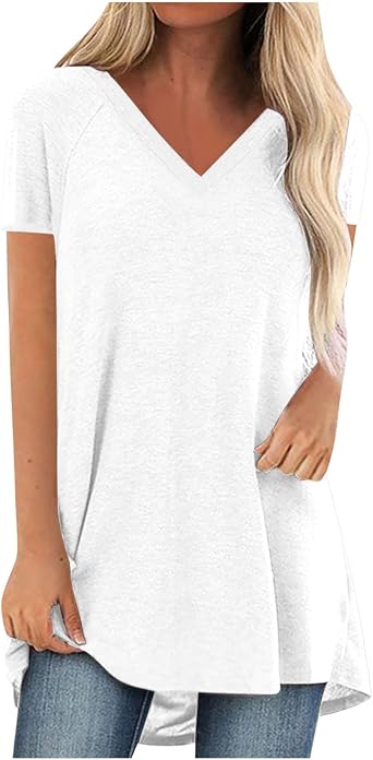Women 2025 Summer Tops Trendy Casual Going Out Short Sleeve V Neck Blouses Stylish Loose Solid Basic Simple T Shirts