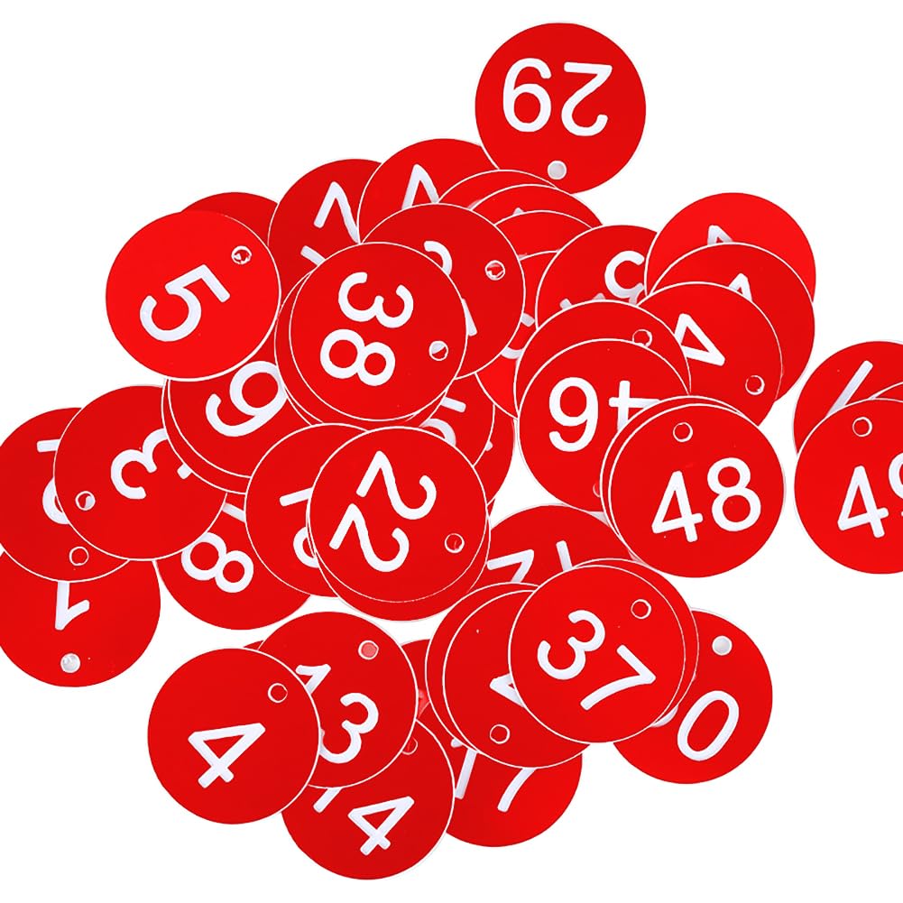 Hugede Red 50 Pcs 1 To 50 Plastic Number Tags Round Engraved Numbe Tags Id Number Keychain Tags Marking Identification Hang Tags For Hotel Mailbox Gym