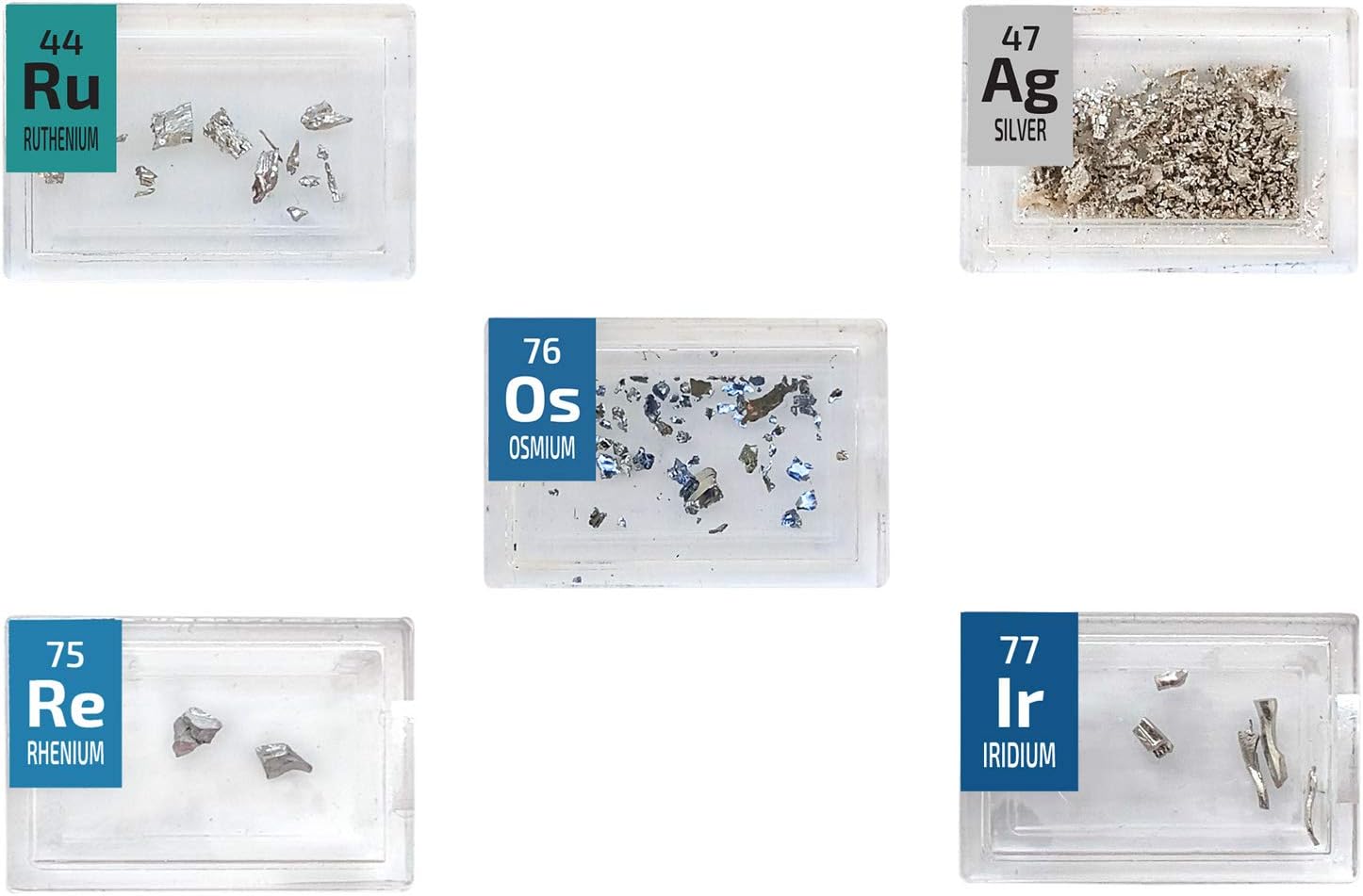 Metal Crystals Set- Ruthenium,Osmium,Rhenium,Silver,Iridium 5 x Rare Periodic Element Tiles