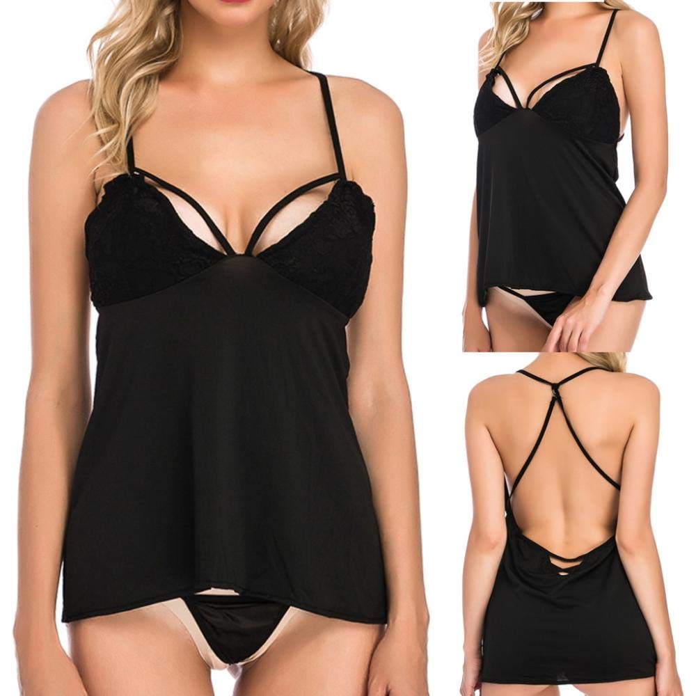 Mujer Sexy Negro con Encaje Sensual Elegante Fina Lenceria para DamaLencería sexy Tallas grandes Camisón para mujer Ropa interior con tirantes sexy Pantalones G-String Ropa de dormir sexy-Black_3XL
