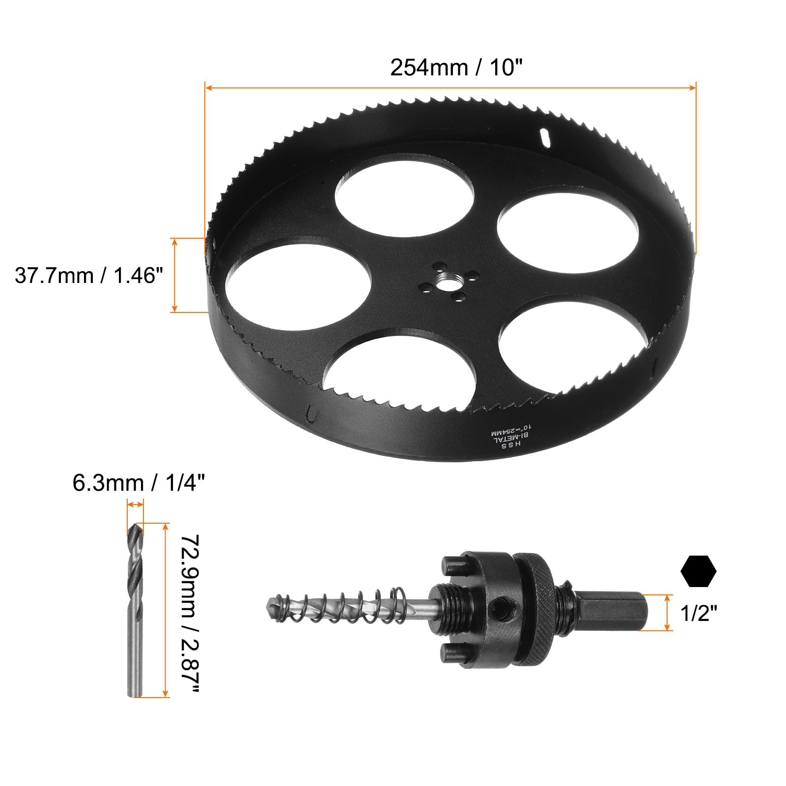 sourcing map Kit di seghe a tazza bimetalliche da 254 mm con 1 albero esagonale da 1/2", 5 punte da trapano centrali da 1/4", 2 molle, 1 chiave per legno, plastica, metallo morbido