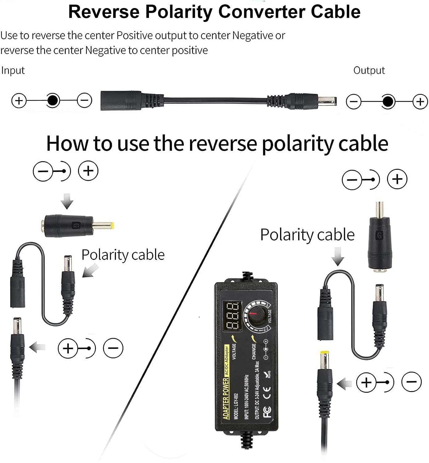 Alimentatore Universale, 3-24V Caricabatterie Universale, 3A, 72W Adattatore di Alimentazione Regolabile 100 V-240 V AC a DC con Indicatore di Tensione LED e 5,5 x 2,5 mm, 14 Consigli per Elettronica