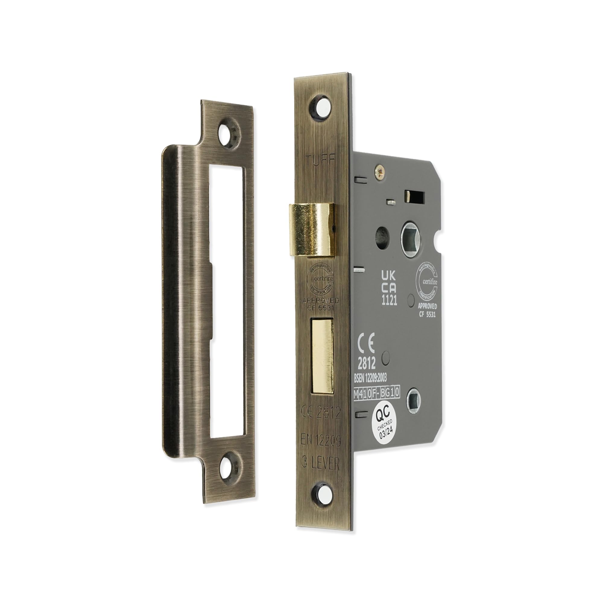 Infinity Decor Fire Rated Antique Brass 3 Lever Mortice Bathroom Lock 63mm, CE Approved Reversible Catch for Internal and External Doors