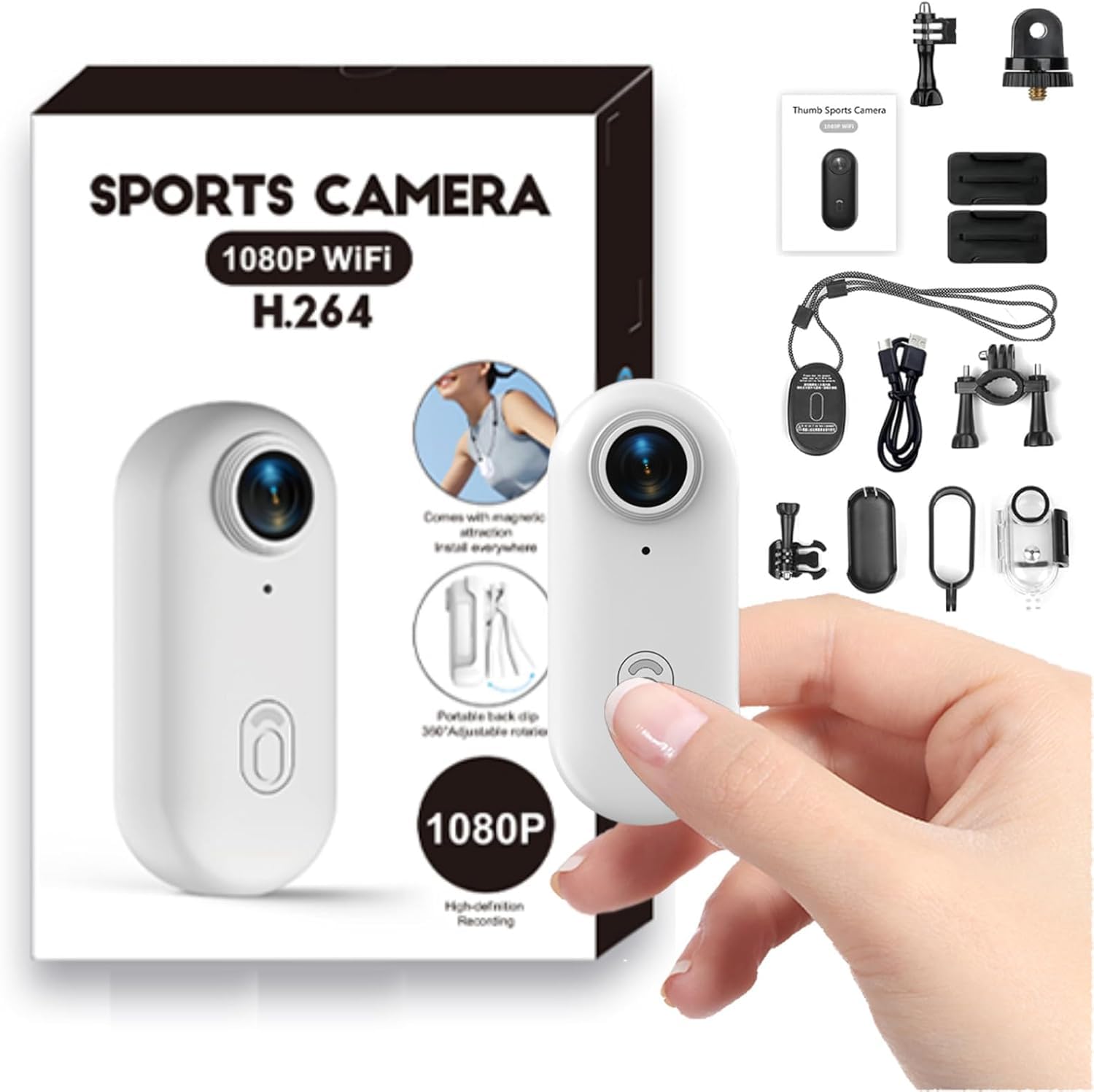 Mini Caméra Sport 1080P WiFi Action Cam IP68 Étanche 30M, Objectif Grand Angle 120°, Mini Camera Vlog POV, 800 mAh, Caméra Portable Casque Moto/Vélo/Ski/Animaux Camera Embarquée Compacte （Blanc）
