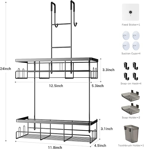 Miniatura 6 de Organizador de ducha para colgar sobre la puerta organizador de ducha a prueba de óxido negro sobre la puerta - Estante de baño sin taladrar para el
