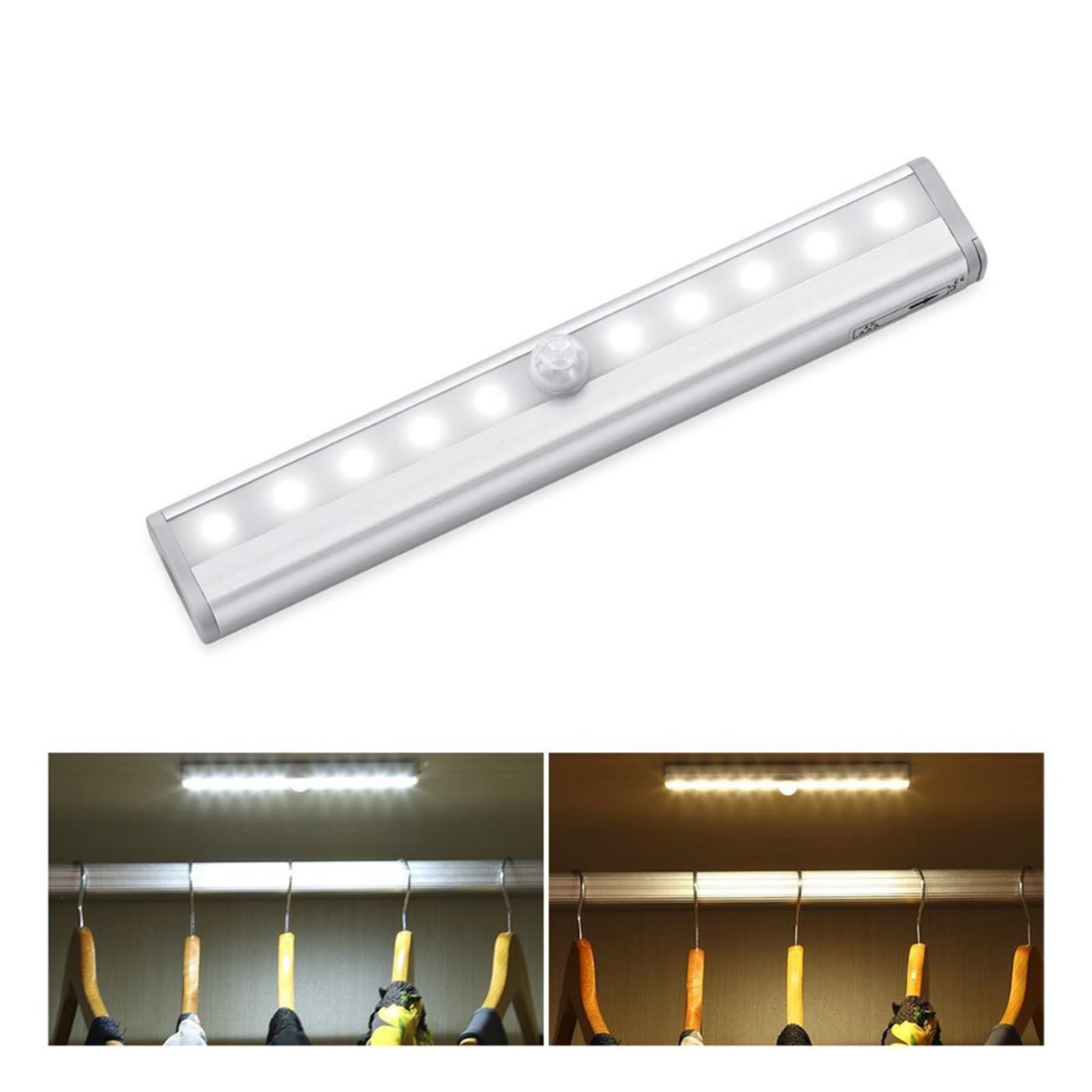 Bewegungssensor-LED-Licht, Aluminiumprofil, 10 LEDs, Induktion, Batteriebetrieben, Beleuchtung For Bar/Küche/Schrank/Schublade/Schrank Bewegungsmelder(Warm White,2pcs)