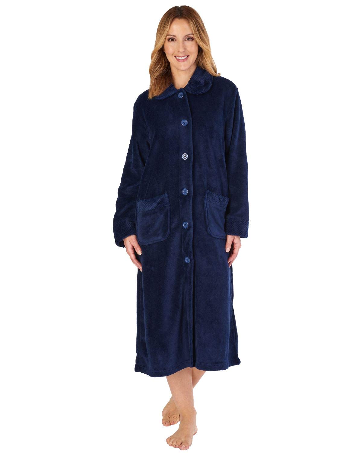 Slenderella Ladies Button Up Coral Fleece Dressing Gown Bath Robe with Waffle Detail Medium (Navy)